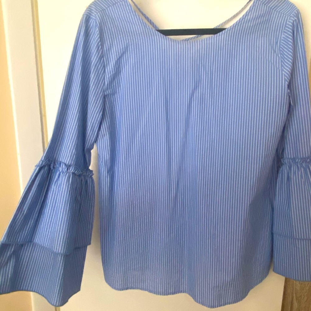 LOFT blue and white stripe bell sleeve top